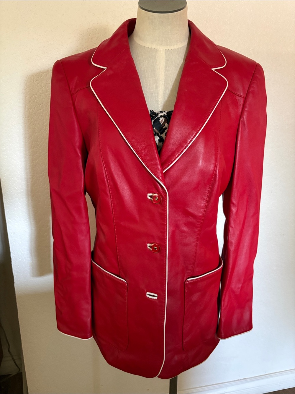 Escada Red Lambskin Blazer with White Piping